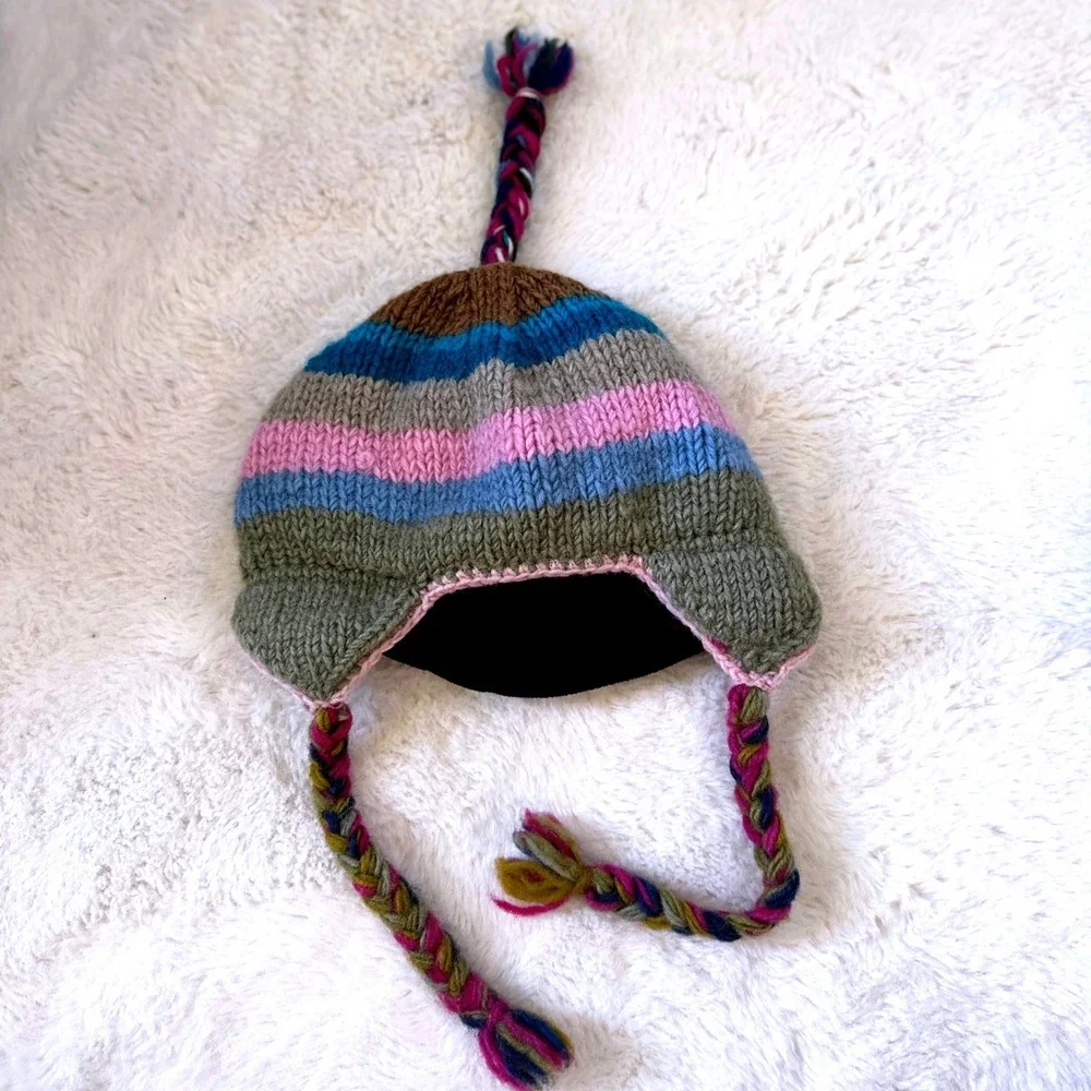 Striped Knit Earflap Beanie Nepal Multi Color Fleece Lined Braided Tassels Cozy